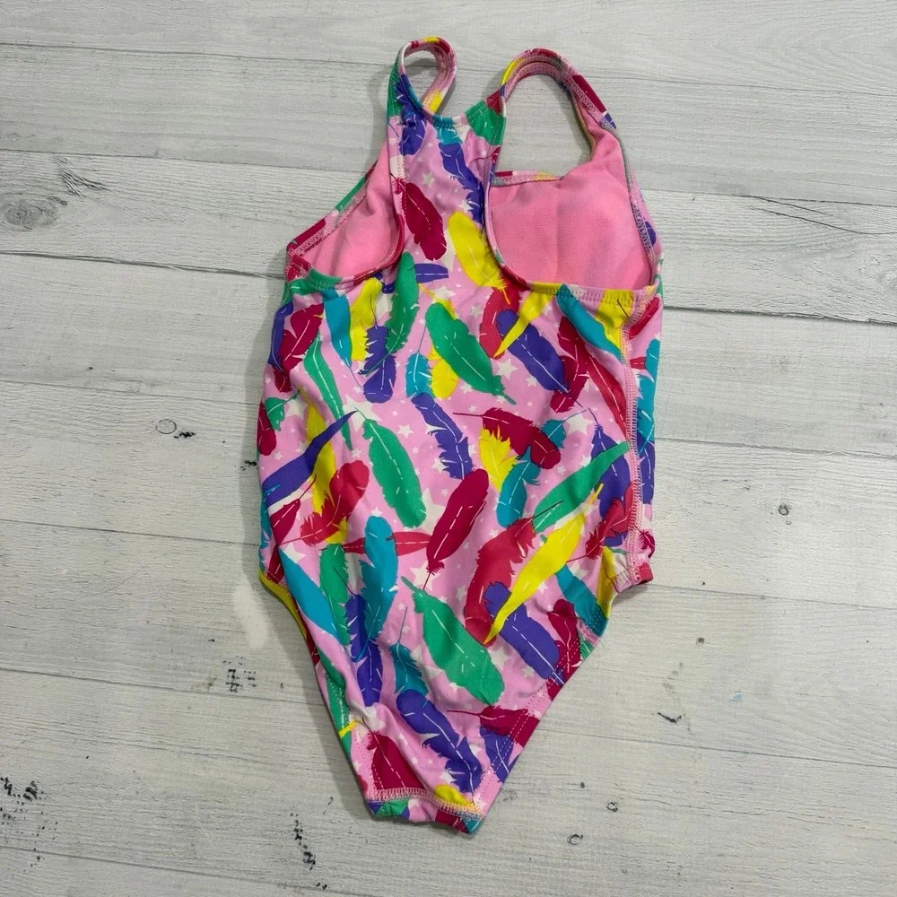 TYR‎ girls colorful pink rainbow feather print one piece swimsuit 4/5